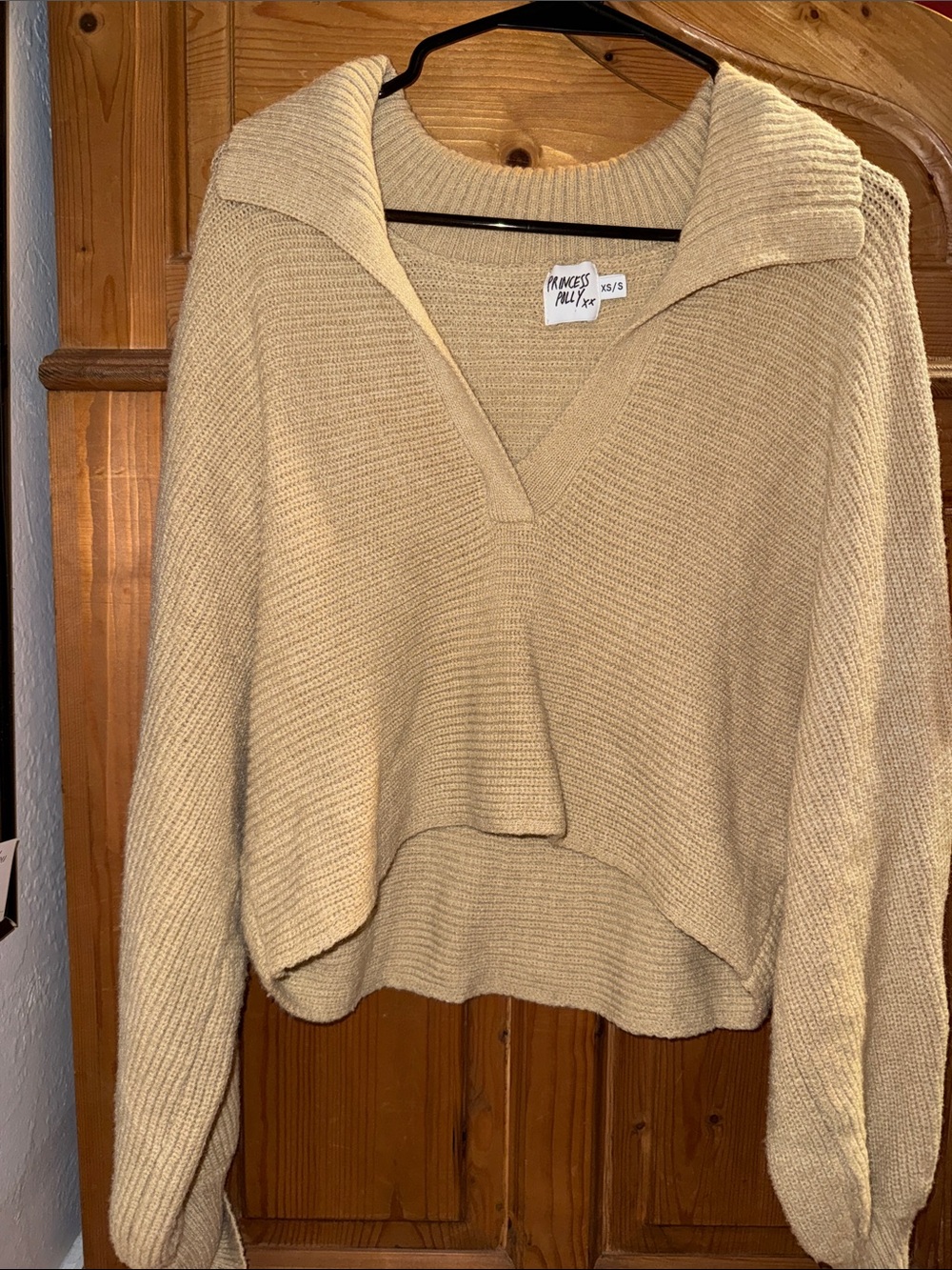Princess Polly Cream V-Neck Ribbed Pullover Sweater
